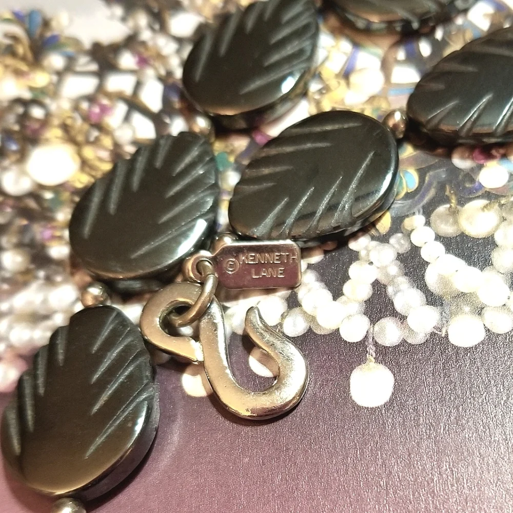 1980s Kenneth Lane Carved Hematite Leaf Necklace